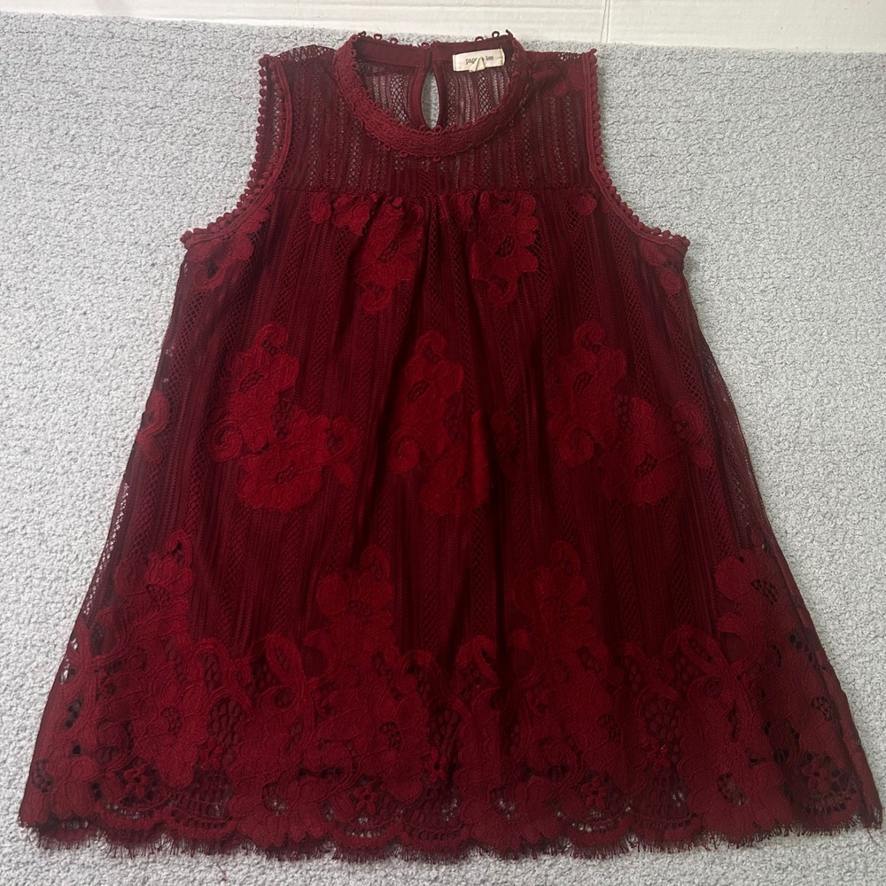 Paper + Tee Lace Tank Top M Burgundy Boho Romantic Coquette Cottage Mock Neck
